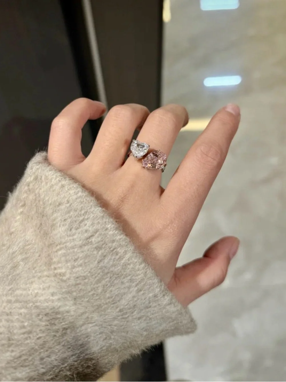 Double Stone Heart & Pear Pink and White Cubic Zirconia Ring
